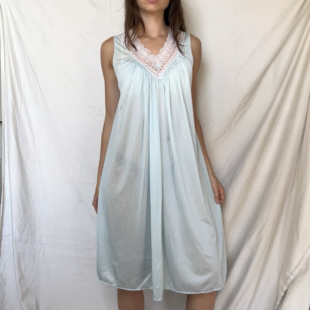 Vintage Pastel Blue Floral Lace Babydoll Nightgown Coquette Retro Feminine